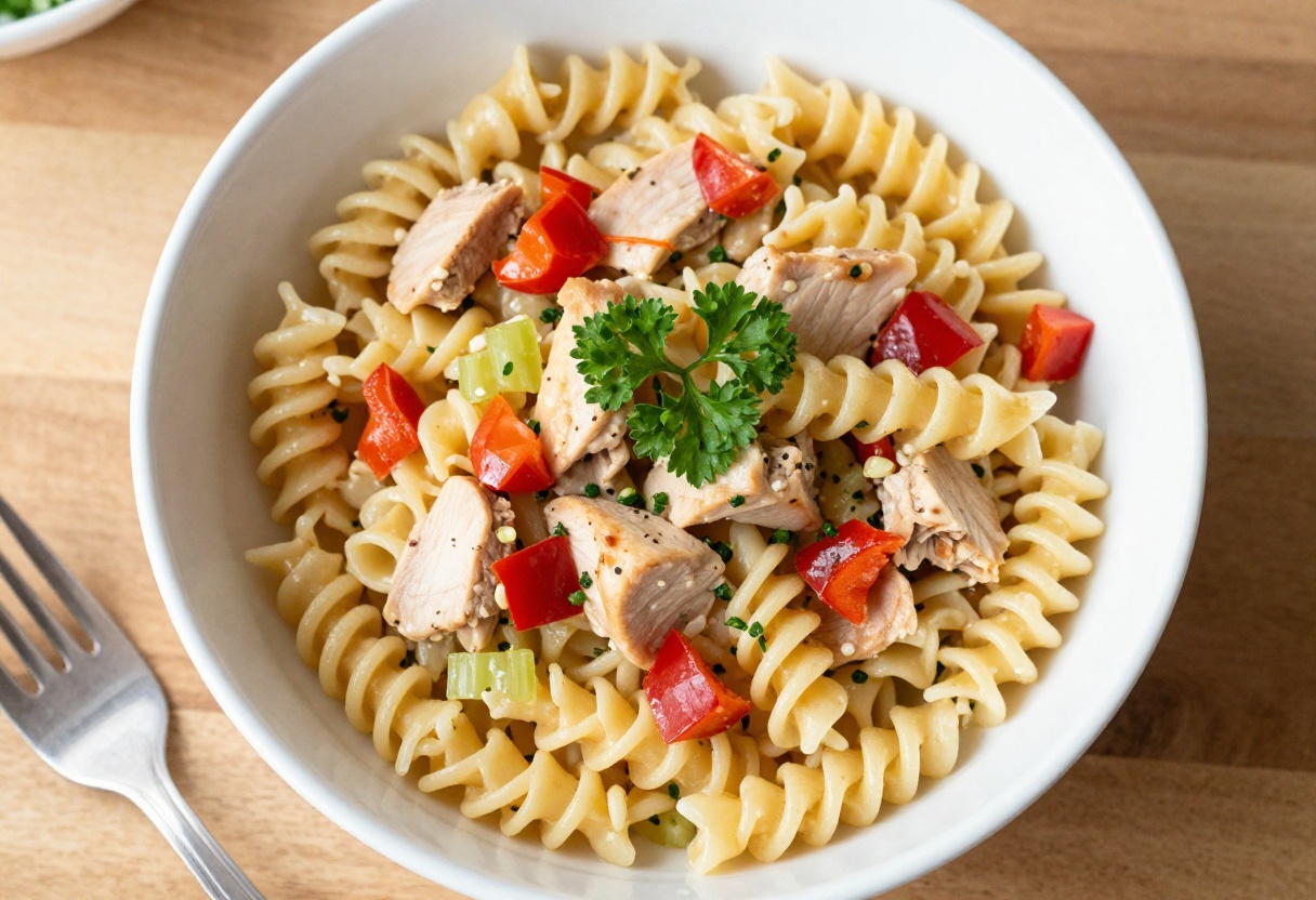 Creamy canned chicken pasta salad in a white bowl with rotini, red pepper, and celery.