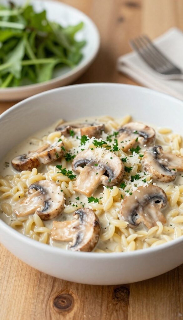 A creamy mushroom orzo dish with golden mushrooms and Parmesan cheese, served in a white bowl on a wooden table with a green salad, under natural light