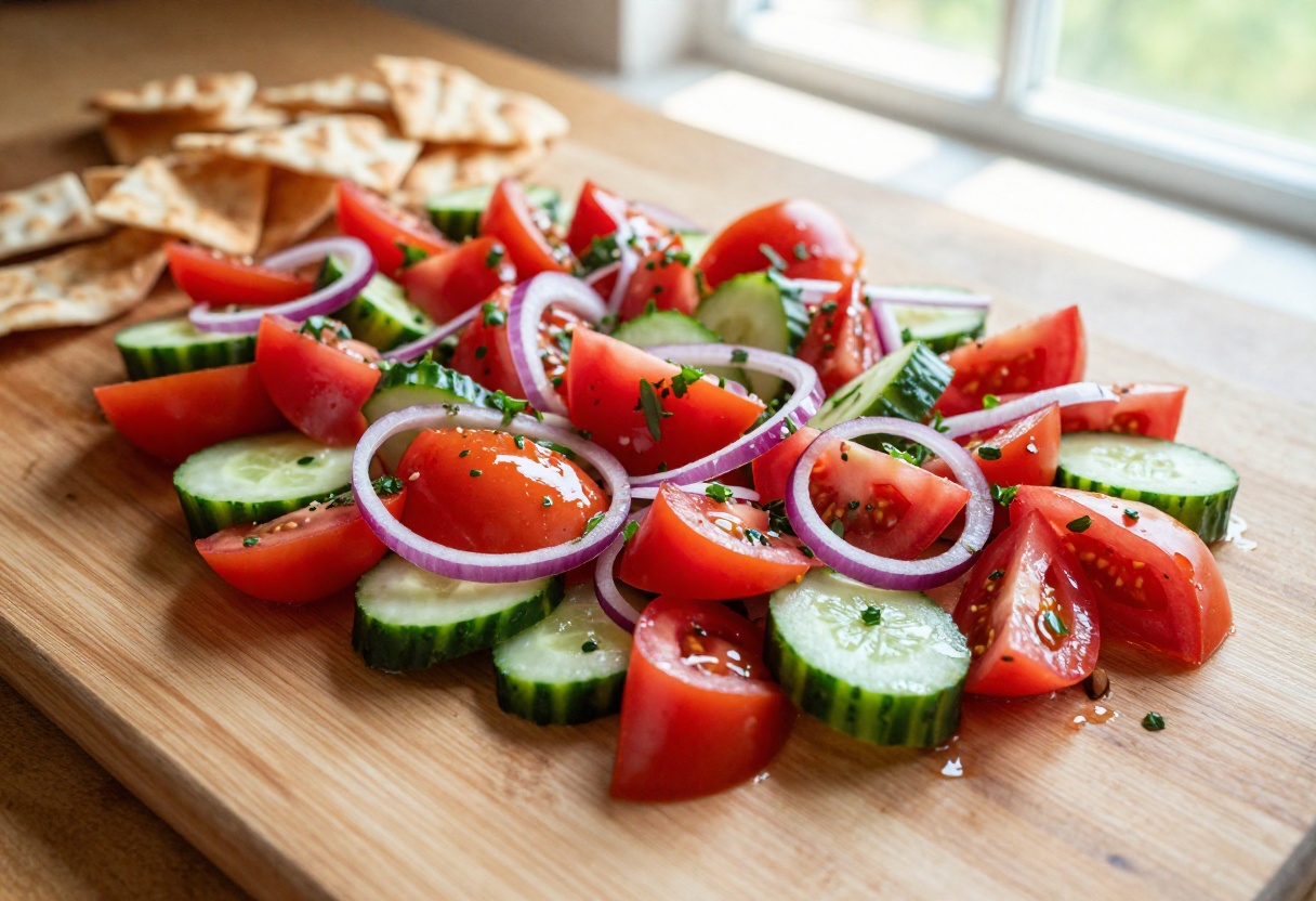 Bowl of refreshing tomato cucumber salad with lots of crunch, topped with pita chips and herbs.