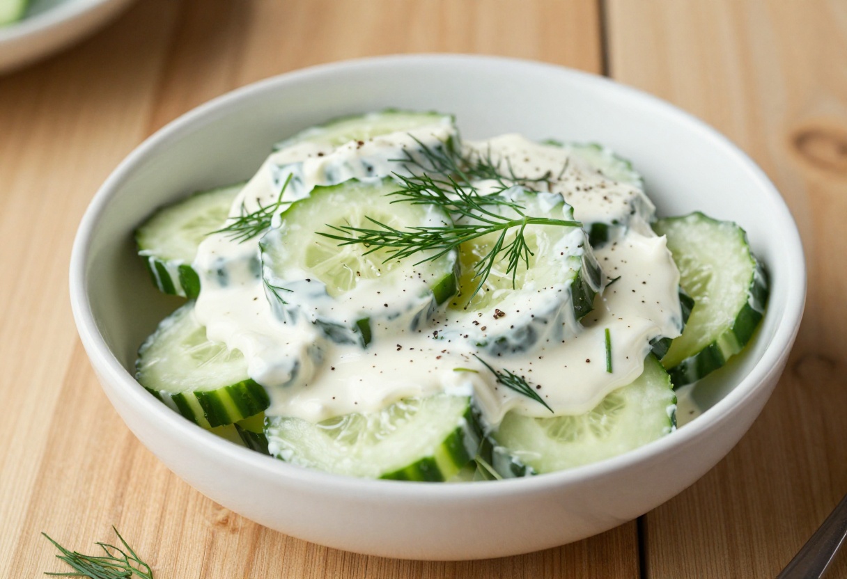 Creamy mayo cucumber salad with fresh dill and black pepper in a white bowl