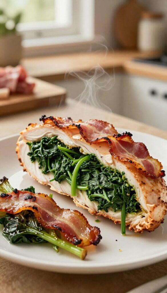 Bacon and spinach stuffed chicken breast sliced in half on a wooden cutting board with roasted vegetables