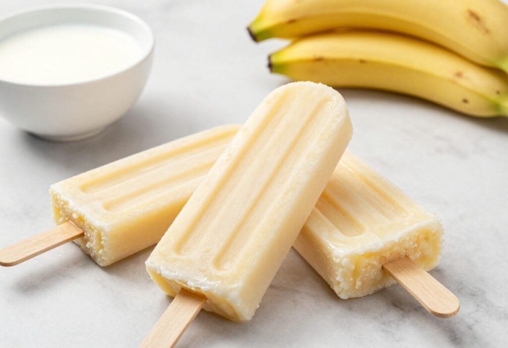 Three banana popsicles on sticks on a marble surface with bananas and milk nearby.