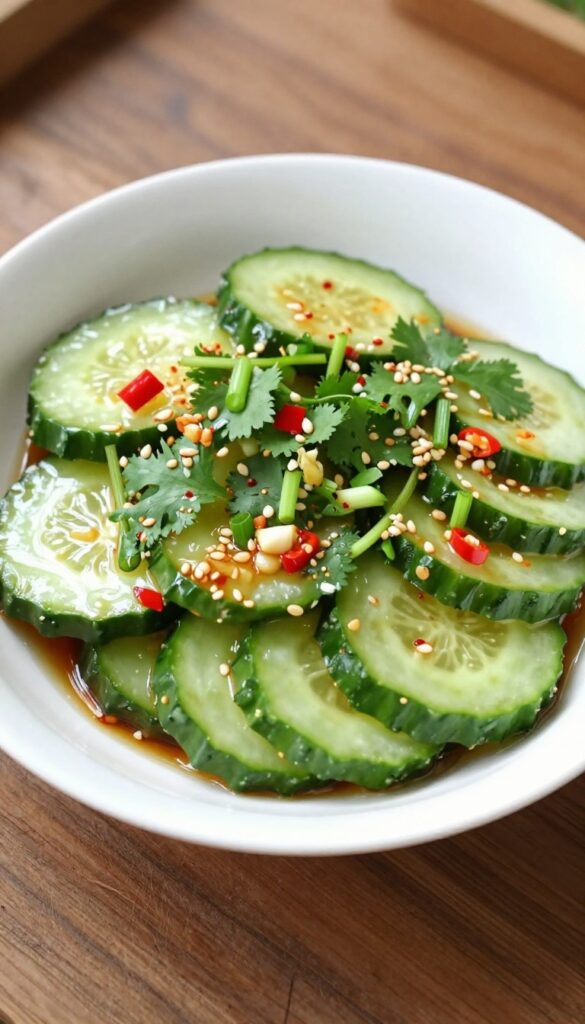 A close-up, photorealistic image of a Spicy Asian-Inspired Cucumber Salad in a white bowl, showcasing crisp cucumbers with red chilies, sesame seeds, and fresh herbs in bright natural light.