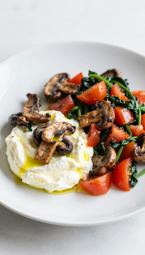 A close-up photograph of a veggie egg white scramble with spinach and mushrooms, highlighting the fluffy texture and fresh ingredients, suitable for a cholesterol-friendly recipe blog.