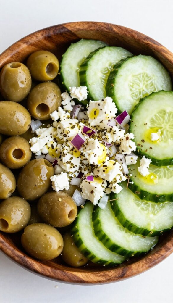 Mediterranean cucumber salad with olives and feta in a wooden bowl