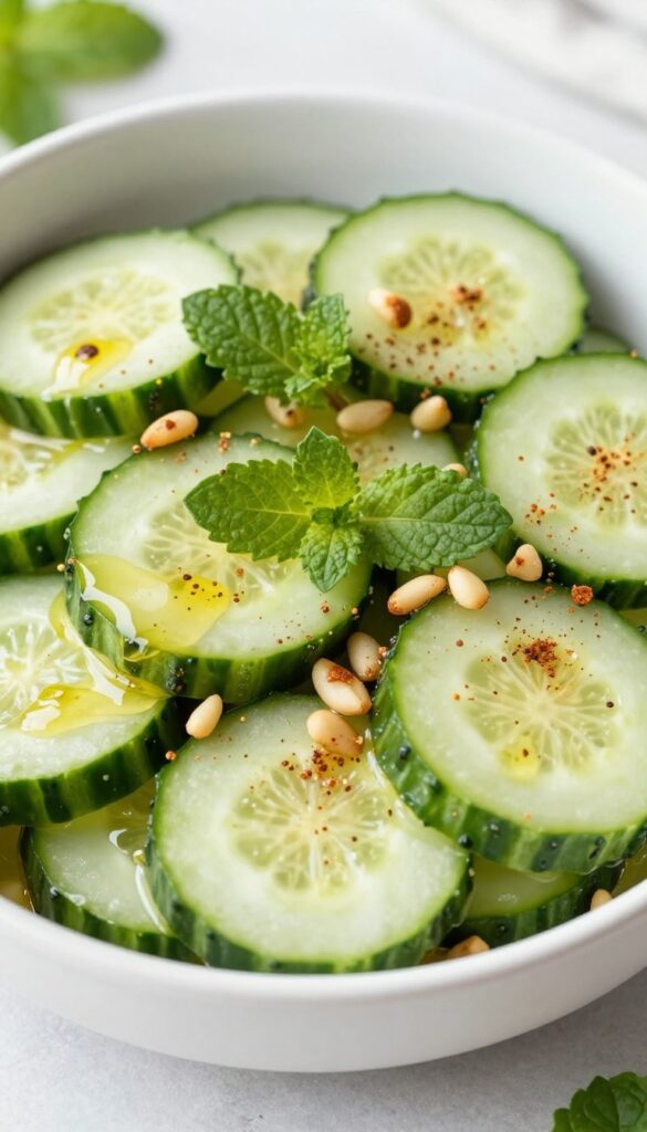 A close-up view of a warm-spiced cucumber salad with cinnamon and mint, showcasing crisp cucumber slices in a dressing with spices and fresh mint, arranged in a bowl under natural light, perfect for a blog article on viral BBQ salads.