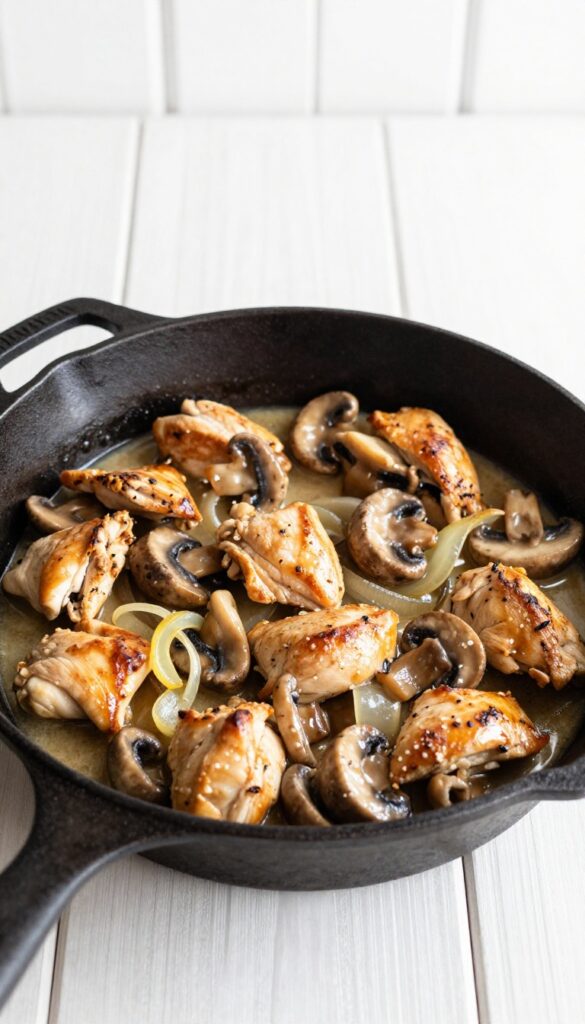 A skillet meal with chicken and mushrooms in a creamy sauce, representing a healthy low-cholesterol recipe