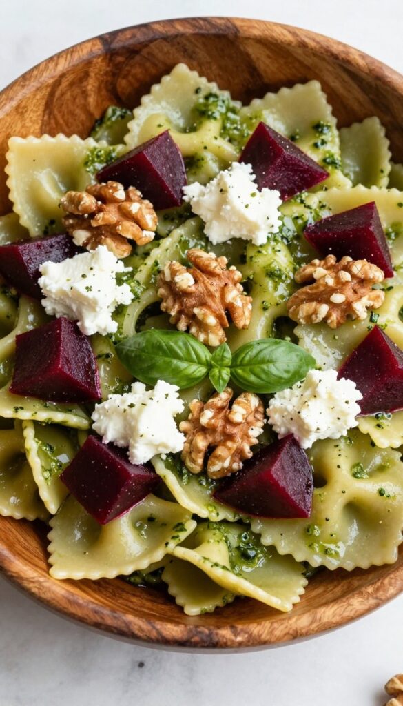 Walnut pesto pasta salad with roasted beets and goat cheese in a wooden bowl