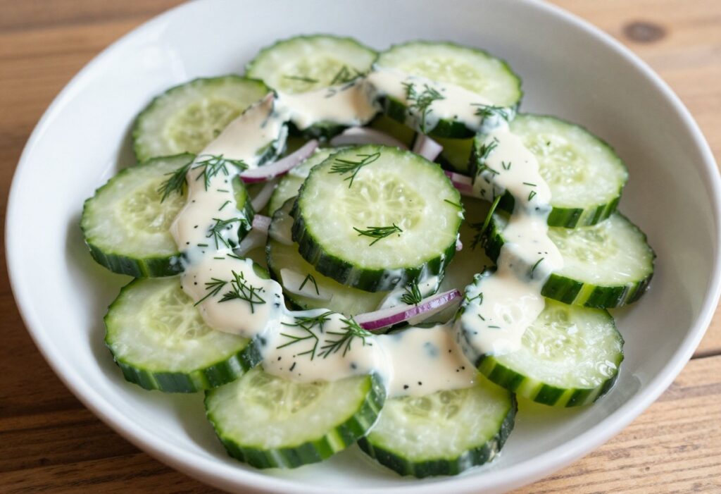 Creamy cucumber salad with mayo, dill, and onion in a white bowl