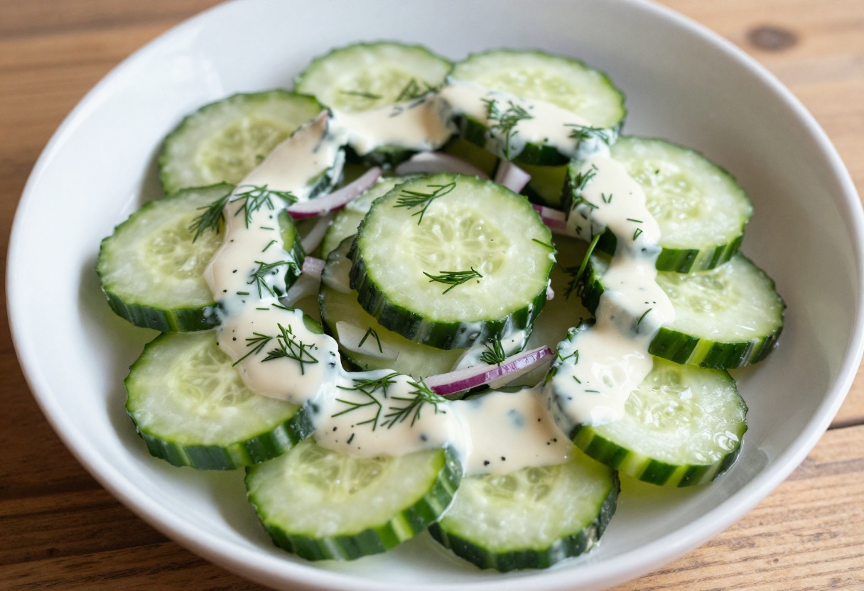 Creamy cucumber salad with mayo, dill, and onion in a white bowl