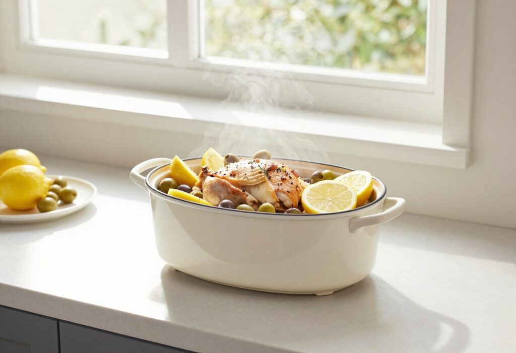 A CrockPot with Mediterranean chicken, olives, and lemon slices, steaming on a kitchen counter in natural light, representing easy dinner recipes.