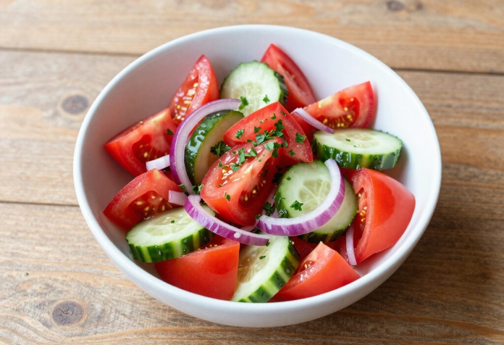 Fresh tomato cucumber onion salad in a white bowl with parsley garnish