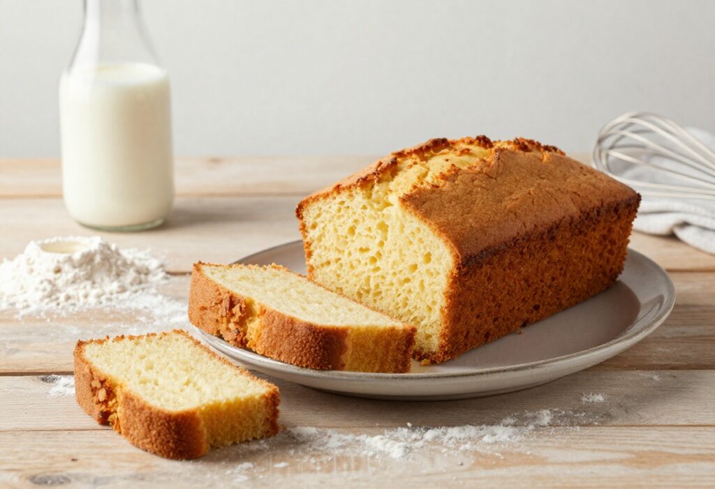 A golden buttermilk pound cake on a rustic table, representing rich and homemade dessert recipes with natural lighting and no text overlay.