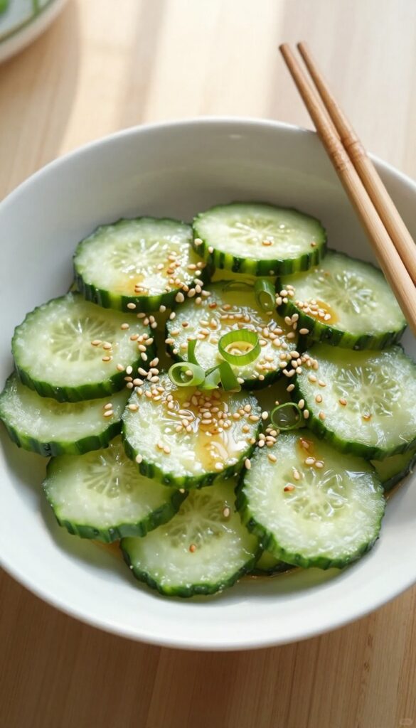 Sesame ginger cucumber salad in a white bowl with sesame seeds and green onions.