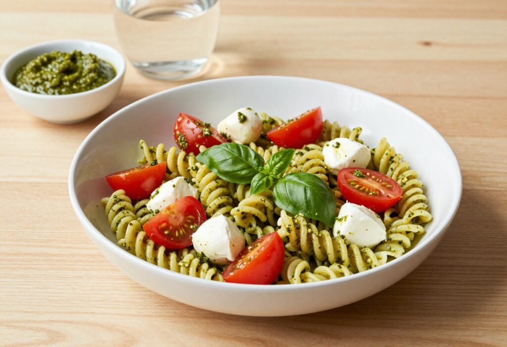 Chilled pesto pasta salad in a white bowl with cherry tomatoes and mozzarella on a wooden table