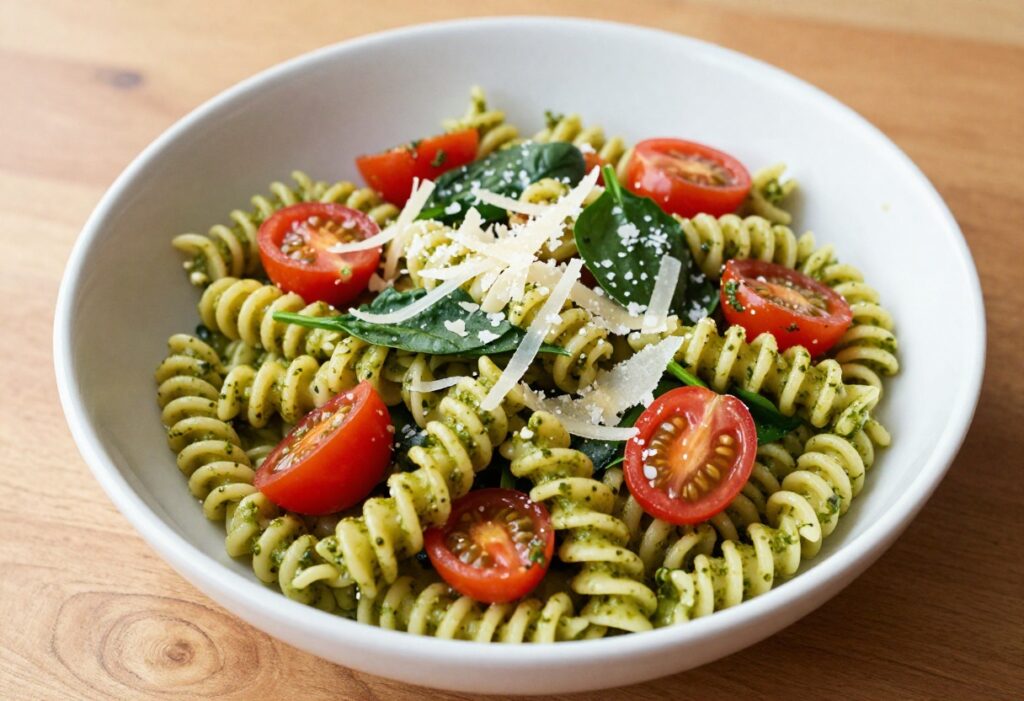 Creamy pesto pasta salad with Parmesan in a white bowl on a wooden table