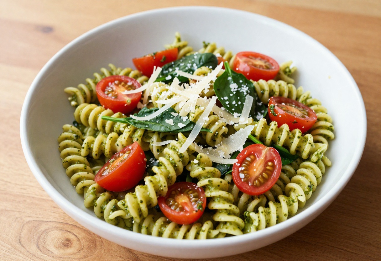Creamy pesto pasta salad with Parmesan in a white bowl on a wooden table