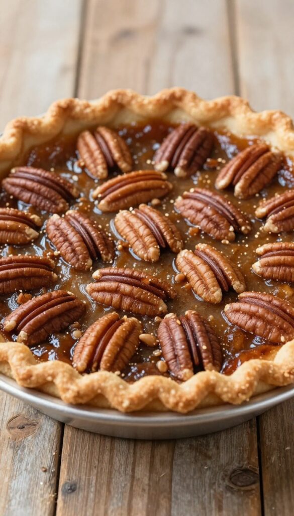 A close-up of a Southern pecan pie with a golden crust and glossy filling topped with toasted pecans, set in natural light on a rustic table.