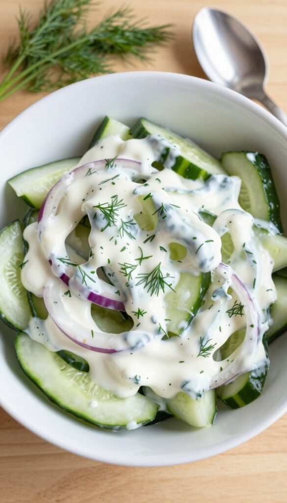 Creamy dill cucumber salad in a white bowl on a wooden table