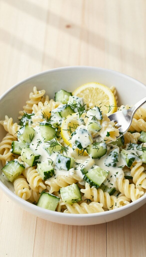 Creamy dill and lemon cucumber pasta salad in a white bowl on a wooden table