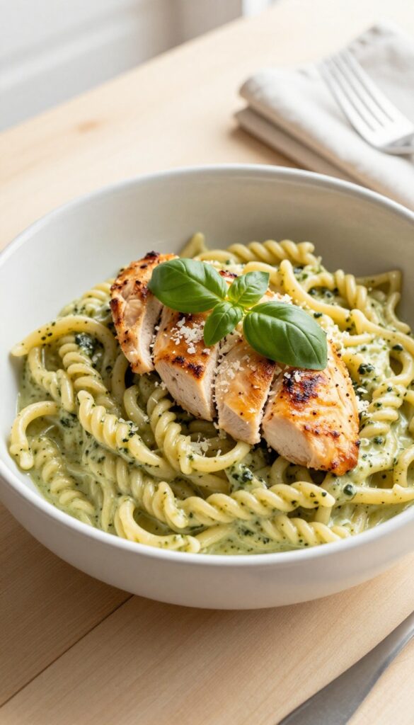 Creamy pesto chicken pasta in a white bowl on a wooden table, garnished with parmesan and basil.
