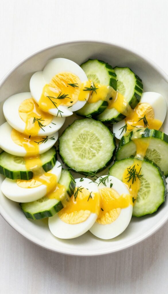 Egg and cucumber salad with mustard vinaigrette in a bowl