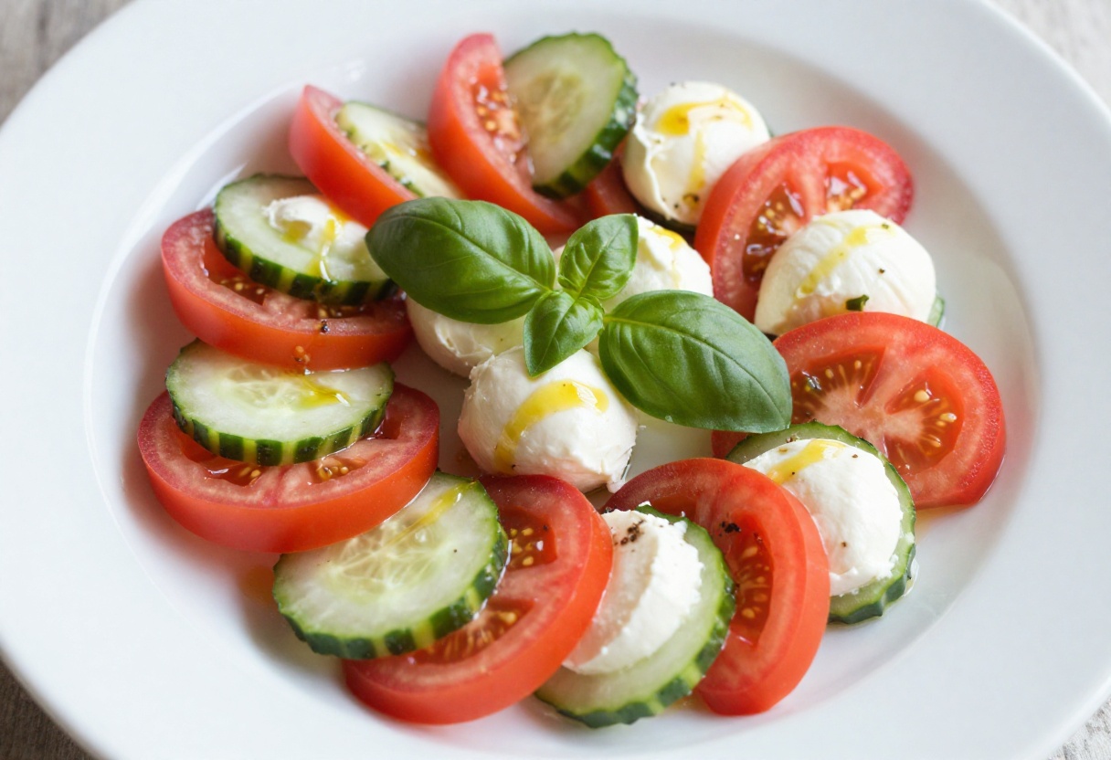 Overhead view of Cucumber Caprese Salad with tomato, mozzarella, and basil arranged on a white platter