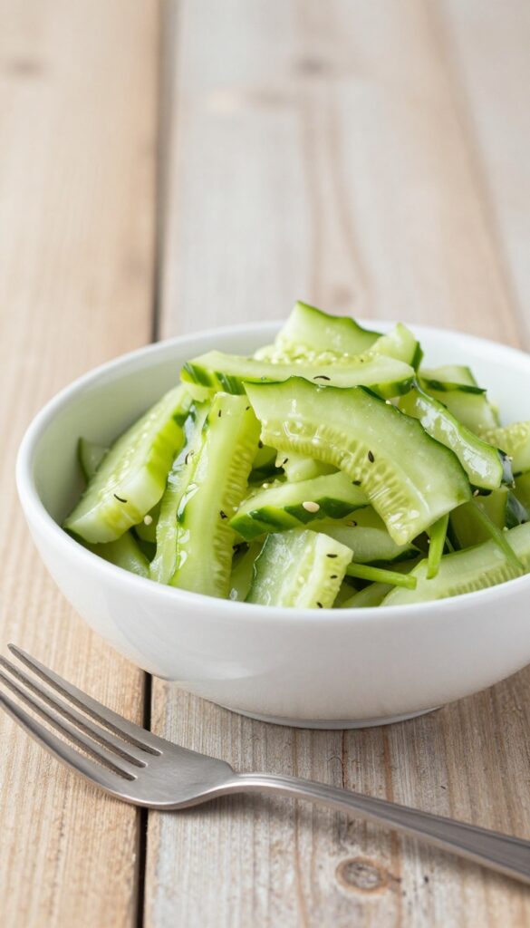 Marinated pickle cucumber salad from an angled view with a fork on a wooden table.