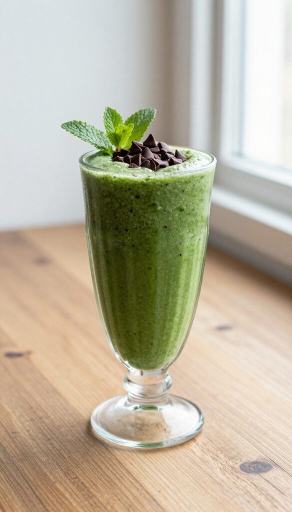 A refreshing Mint Chocolate Chip protein smoothie in a glass, garnished with chocolate chips and mint, on a wooden table with natural lighting.