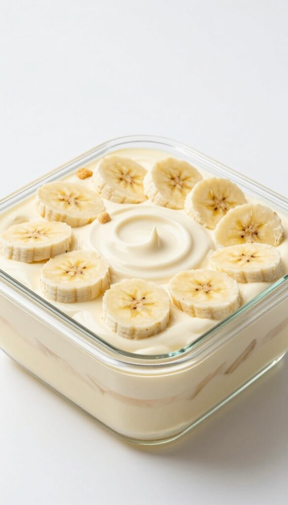 Layered banana pudding in a glass dish with whipped topping, vanilla wafers, and banana slices.
