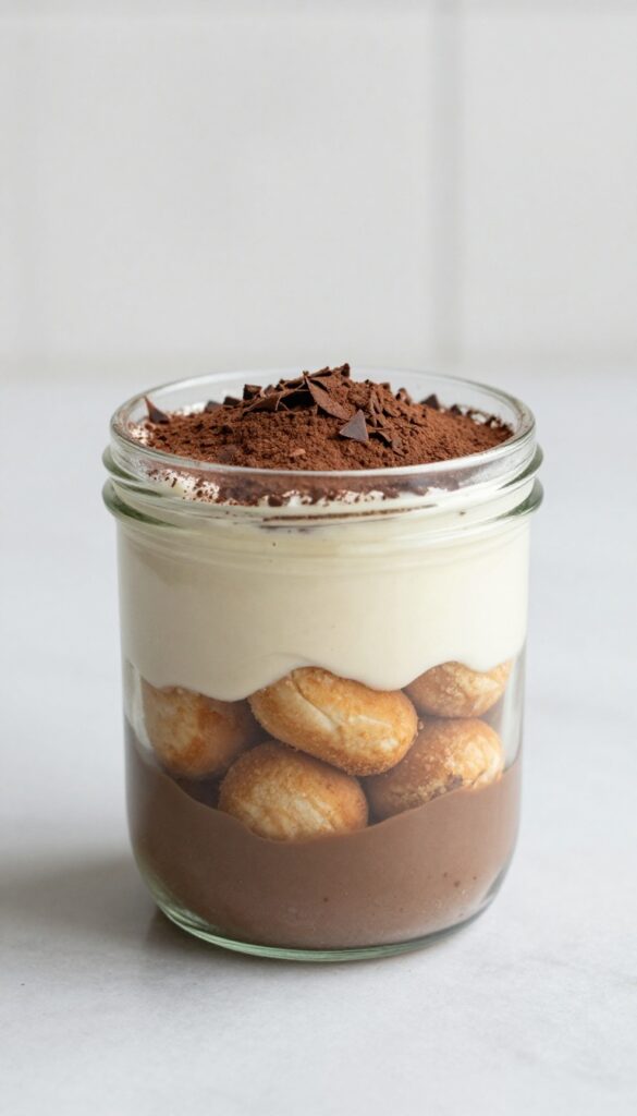 A close-up view of a coffee tofu tiramisu jar showing layered dessert with creamy tofu, ladyfingers, cocoa powder, and chocolate shavings in natural light.