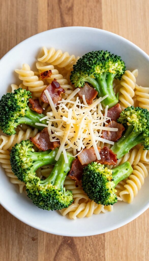 Broccoli pasta salad with crispy bacon and cheddar in a white bowl on a wooden table