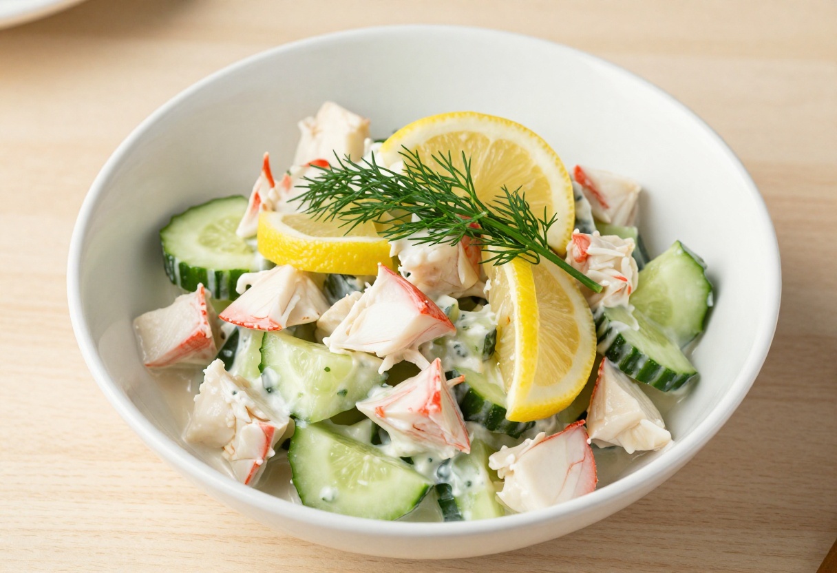 Bowl of cool crab cucumber salad with lemon wedges and dill garnish on a wooden table