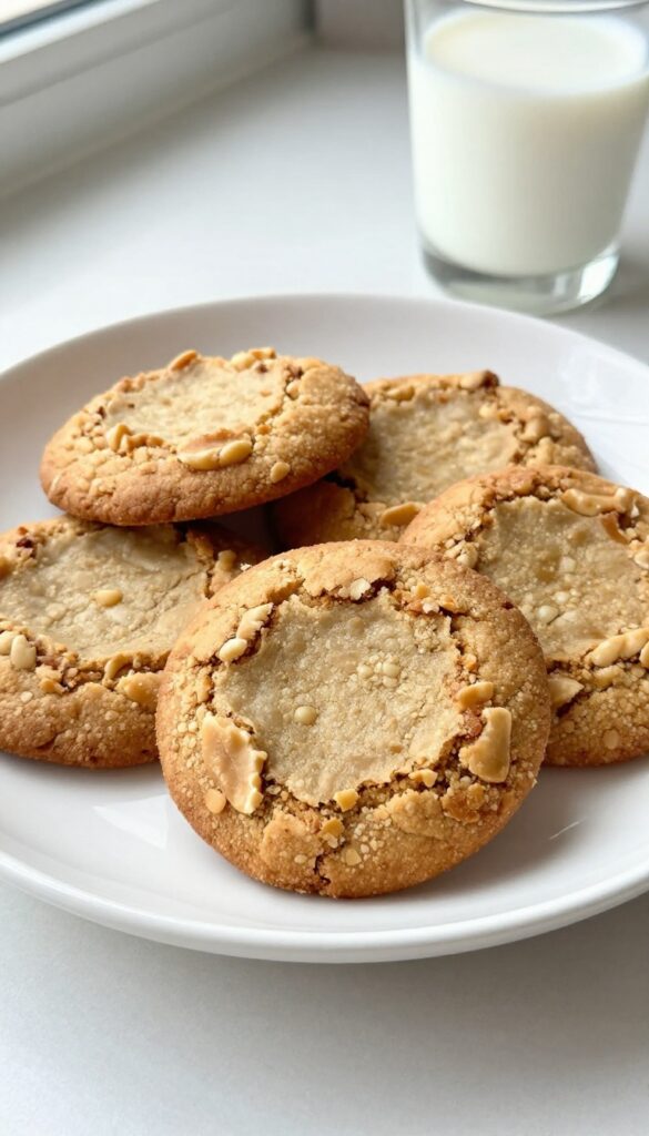A close-up image of homemade peanut butter oat cookies, showcasing their golden-brown edges and chewy texture, placed on a white plate in a bright, clean kitchen setting.