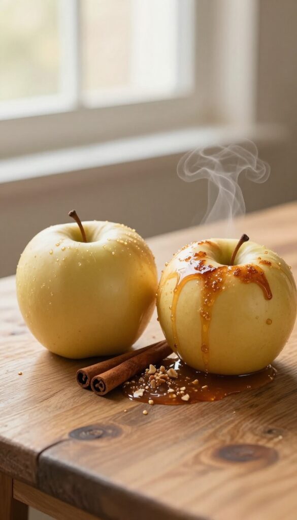 Baked apples with cinnamon and nuts on a wooden table