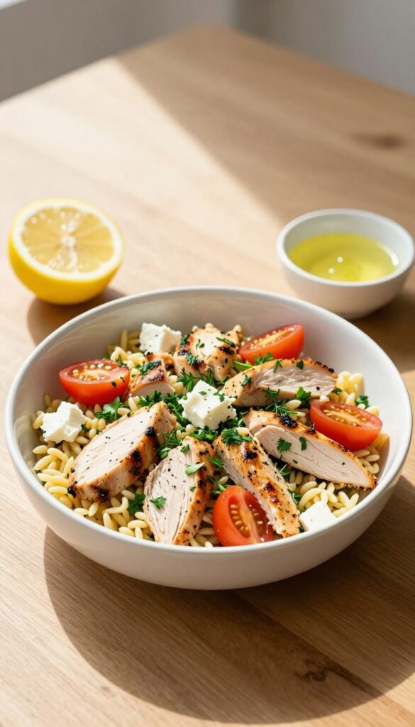Lemon herb orzo pasta salad with grilled chicken in a white bowl on a wooden table