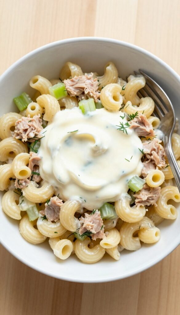 Creamy tuna pasta salad with celery and dill in a white bowl on a wooden table.