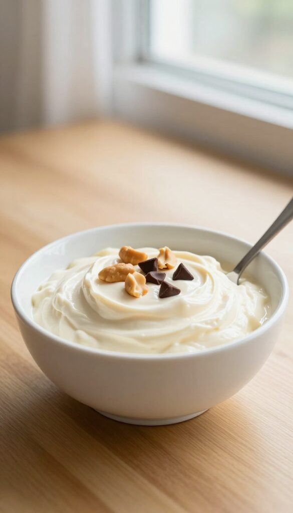 A creamy peanut butter tofu whip dessert in a white bowl, topped with peanuts and chocolate chips, photographed in natural light for a food blog.