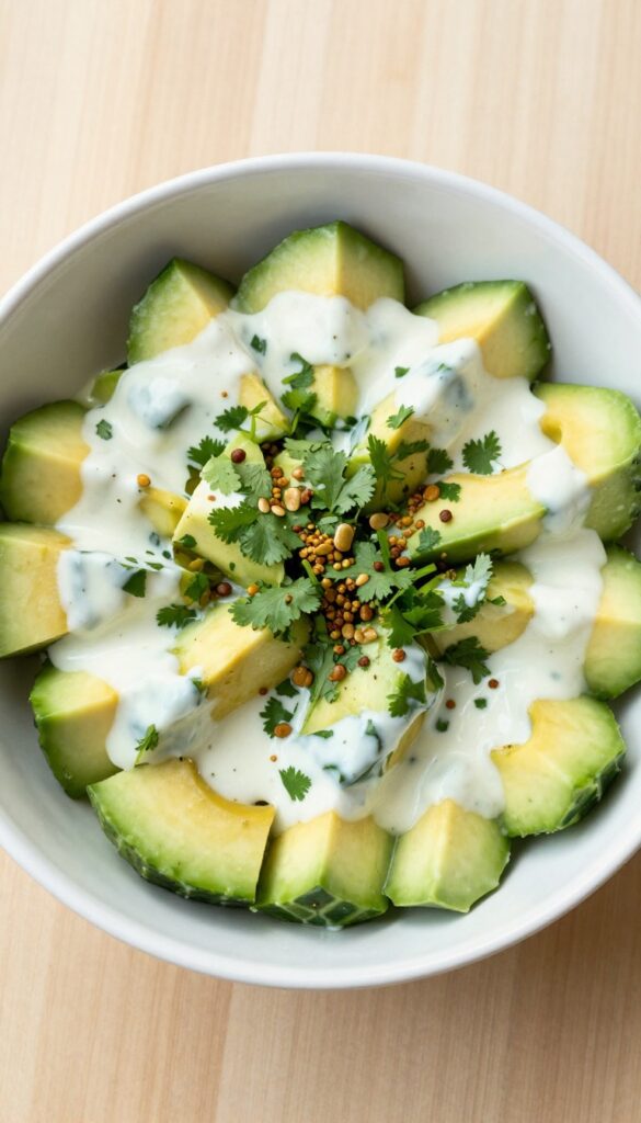 Cucumber and avocado salad with creamy cilantro lime dressing in a white bowl, garnished with cilantro and pepitas.