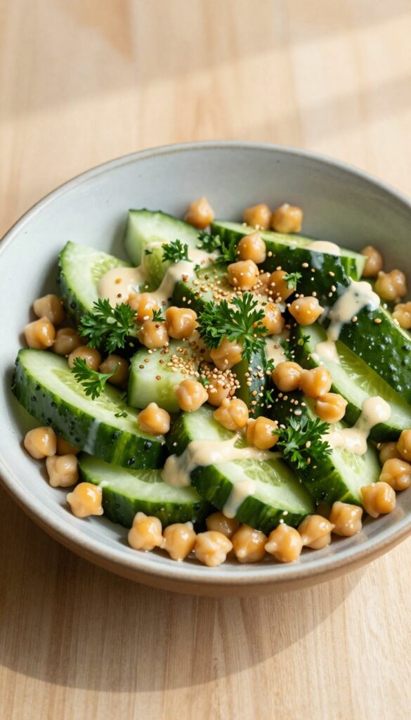 Fresh cucumber and chickpea salad with tahini dressing in a ceramic bowl on a wooden table.