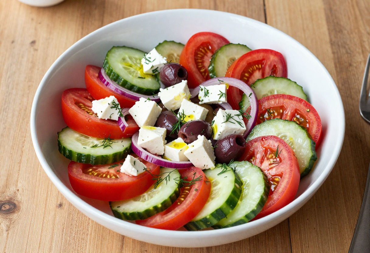 Colorful Greek tomato cucumber salad with feta cheese in a white bowl
