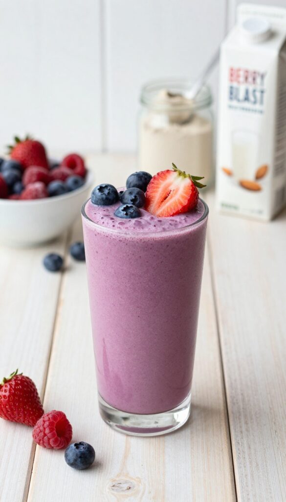 A vibrant Berry Blast Protein Shake in a clear glass with fresh berry garnish on a wooden table, surrounded by ingredients like frozen berries and protein powder.