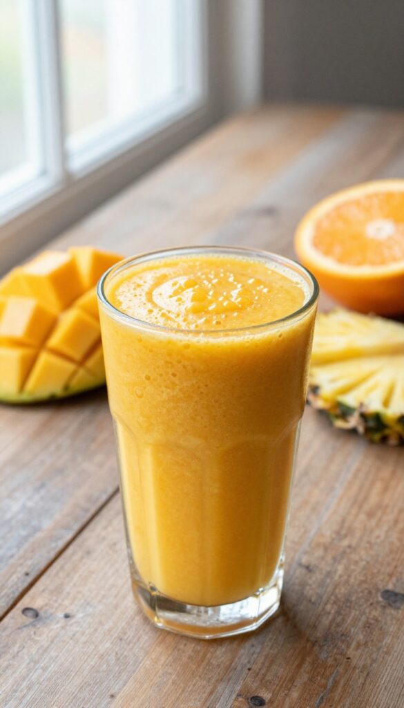A vibrant Tropical Sunrise Blend smoothie in a glass with fresh mango, pineapple, and orange ingredients nearby.