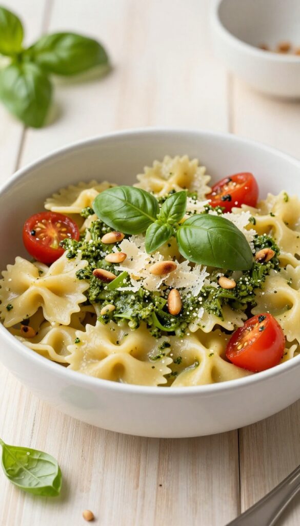Bowl of farfalle pesto pasta salad with cherry tomatoes, pine nuts, and Parmesan shavings on a wooden table.