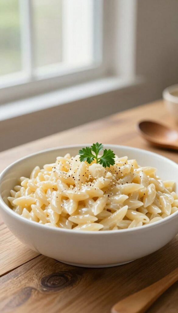 A close-up view of creamy garlic Parmesan orzo in a white bowl, showcasing its rich texture and ingredients like garlic and Parmesan, set on a wooden table with natural lighting.