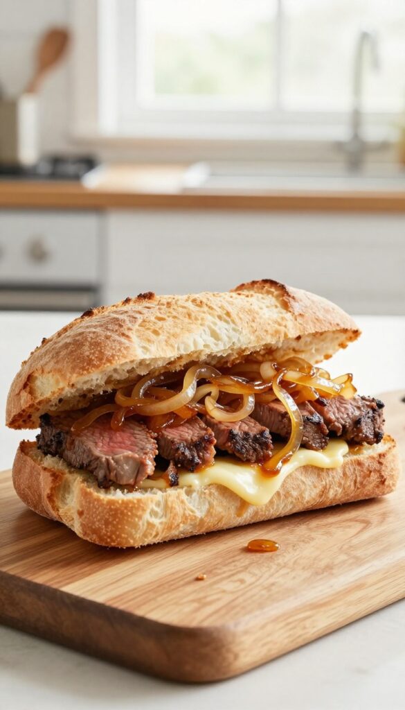 Steak and caramelized onion sandwich on ciabatta bread with melted cheese, on a wooden cutting board in natural light.