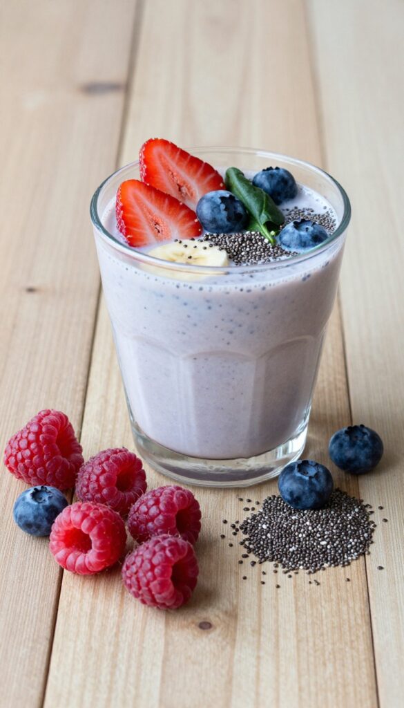 A vibrant Berry Blast Power Smoothie in a clear glass with mixed berries, banana, spinach, almond milk, and chia seeds arranged on a rustic wooden table, showcasing a dairy-free, family-friendly smoothie recipe.