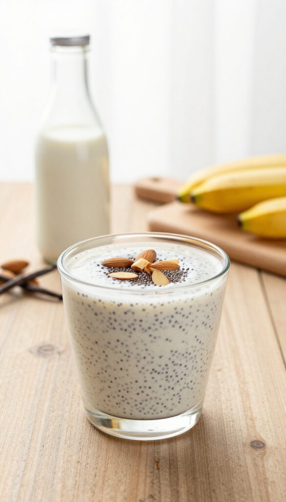 A creamy Vanilla Almond Chia Smoothie in a glass with chia seeds and almond slices, surrounded by ingredients like almond milk and vanilla on a wooden table.