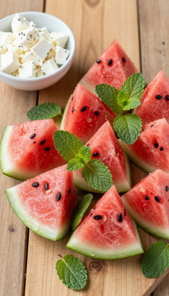 Cucumber and watermelon salad with mint in a bowl on a wooden table