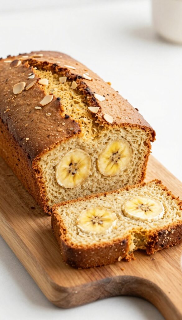 Freshly baked almond flour banana bread slice on a wooden cutting board, showcasing moist texture and natural ingredients